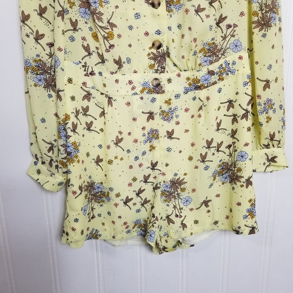 ModCloth Romper Womens Size M Yellow Floral Dragonfly Long Sleeve Jumper - Picture 4 of 14